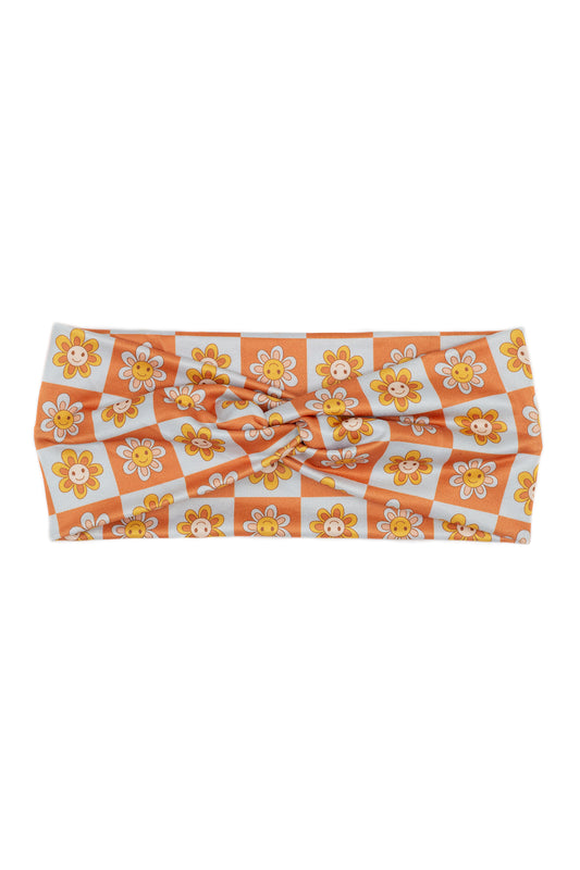 Checker Floral Print Twist Turban Headband