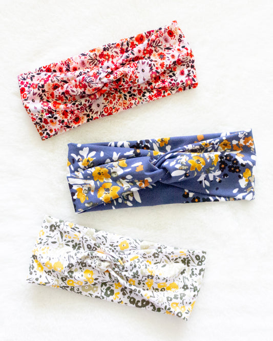 Blue with Yellow Floral Print Twist Turban Headband