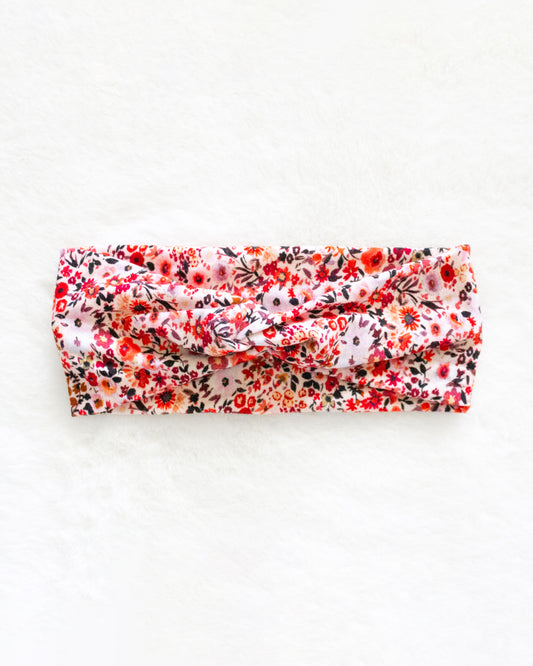 Pink Floral Print Jersey Knit Twist Turban Headband