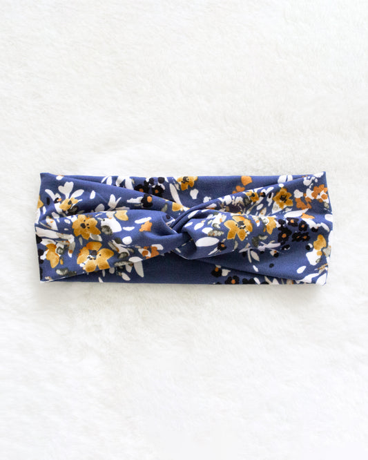 Blue with Yellow Floral Print Twist Turban Headband