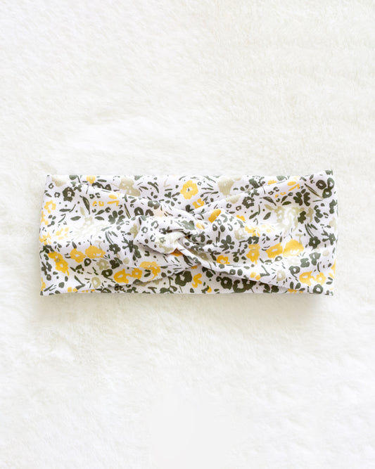 Yellow Floral Print Twist Turban Headband