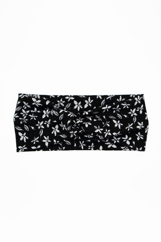 Black White Floral Print Twist Turban Headband