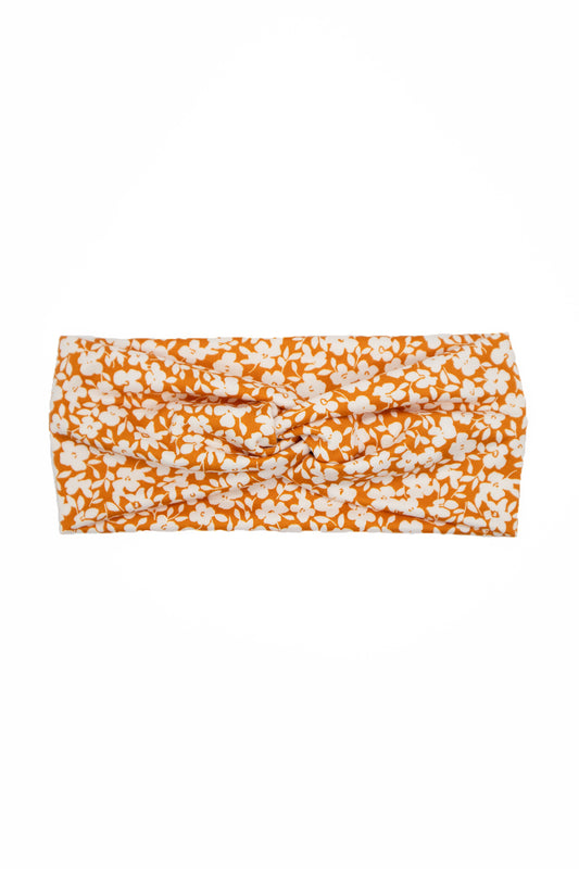 Mustard White Floral Print Twist Turban Headband