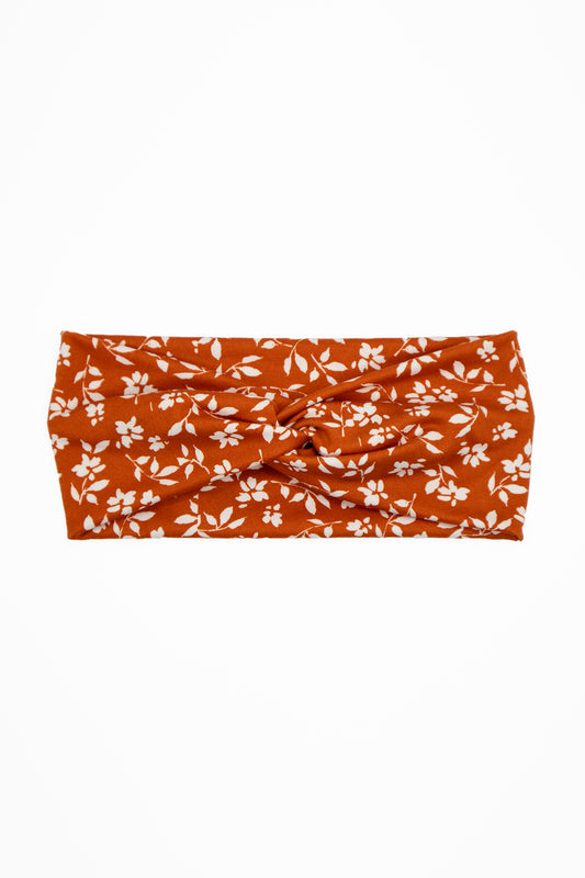 Rust with White Floral Print Twist Turban Headband