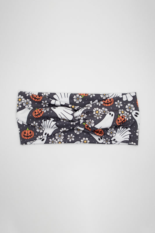 Boho Ghost and Pumpkins Black Twist Turban Headband
