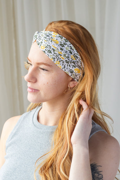 Yellow Floral Print Twist Turban Headband