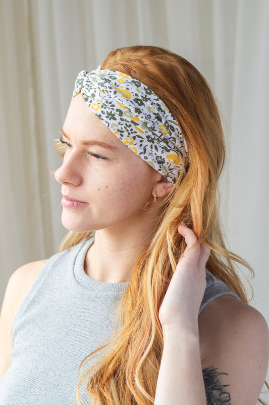 Yellow Floral Print Twist Turban Headband